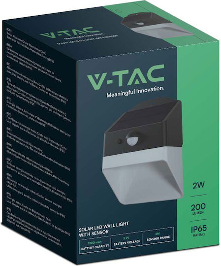 V-TAC Grădină Led Montat pe perete Lampă Solară 2W 200lm Alb Natural 4000K cu Senzor de Mișcare IP65 13.89bucx6.85bucx10.69buccm