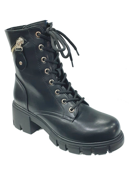 Plato Women's Medium Heel Combat Boots Black