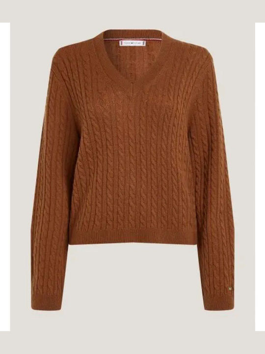 Tommy Hilfiger Women's Long Sleeve Sweater Woolen with V Neckline Brown