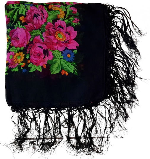 Afoi Giannakopouloi Thrace Women's Black Scarf with Tassels Traditional Costume Accessory