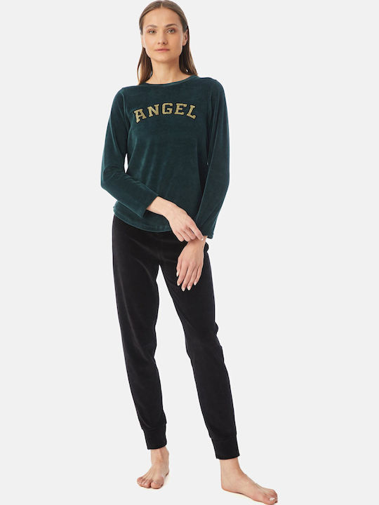 Minerva Winter Damen Pyjama-Set Samt Grün