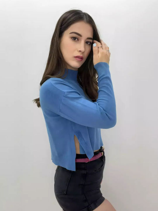 Bluze Damă Crop Bumbac Mânecă Lungă Albastru