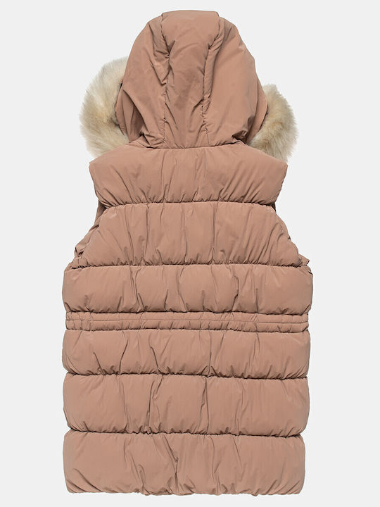 Kids Quilted Sleeveless Short Coat with Hood Beige