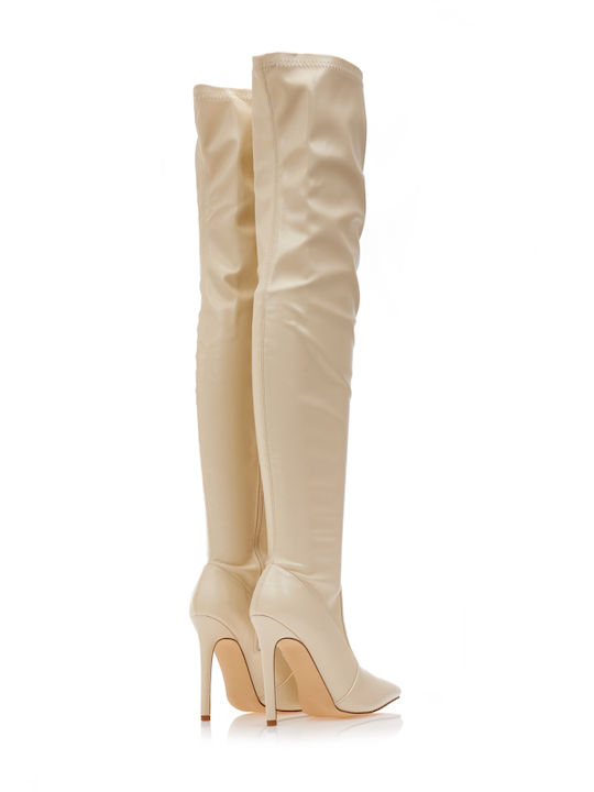 Over the Knee High Heel Women's Boots with Zipper Beige