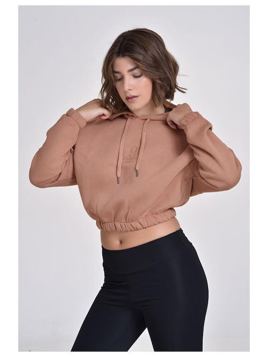 Cropped Γυναικείο Φούτερ με Κουκούλα Μπεζ