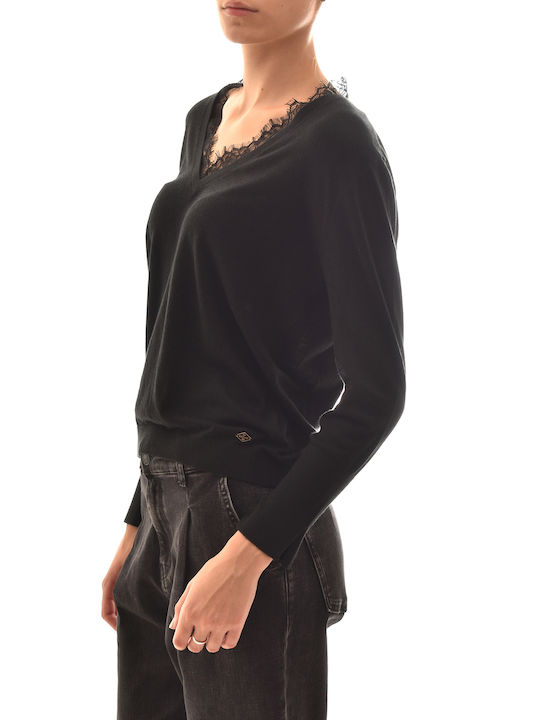 Replay Women's Long Sleeve Sweater with V Neckline Black