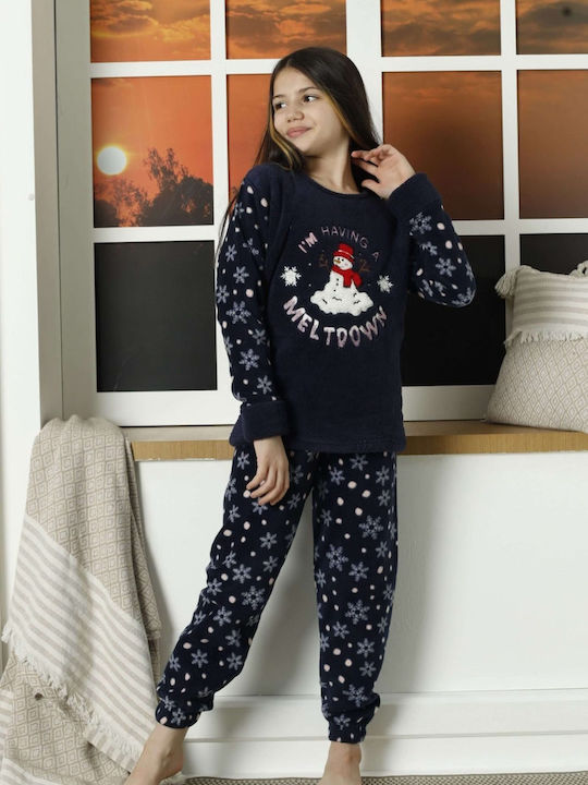 Lindros Set Top & Bottom Kids Winter Fleece Pyjamas Blue