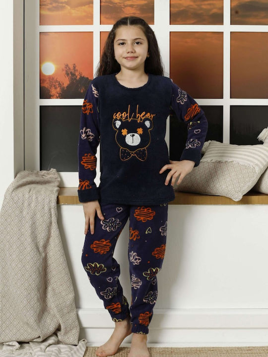 Lindros Set Top & Bottom Kids Winter Fleece Pyjamas Blue