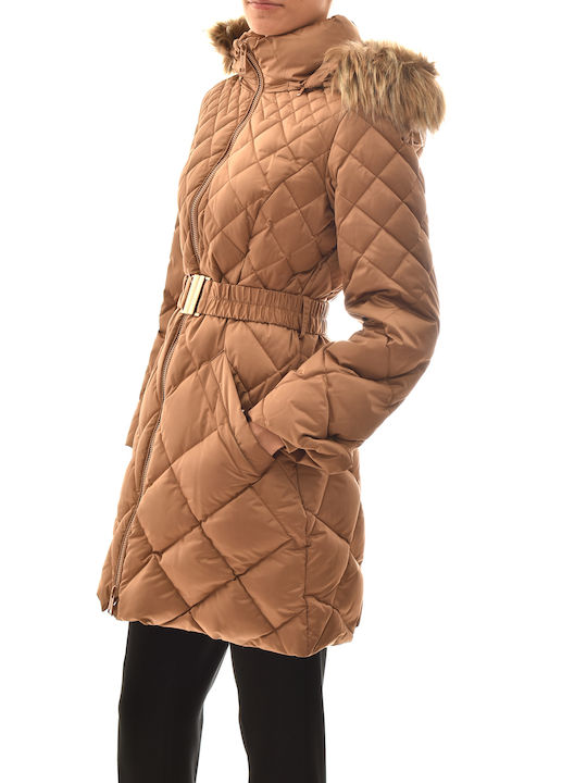 Guess Women's Long Puffer Jacket for Winter Beige