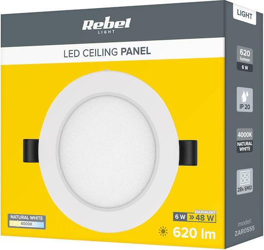 Rebel Στρογγυλό Χωνευτό LED Panel 6W με Φυσικό Λευκό Φως 4000K