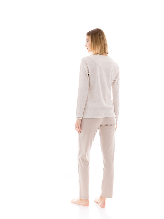 Pink Label Winter Damen Pyjama-Set Baumwolle Beige