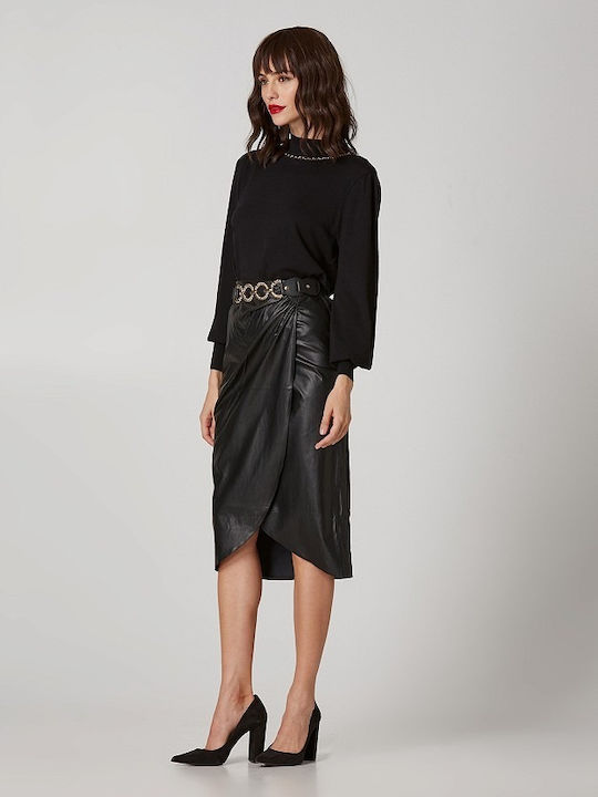 Lynne Leather Pencil High Waist Midi Skirt in Black color