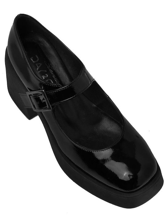 Synthetic Leather Black Heels with Strap