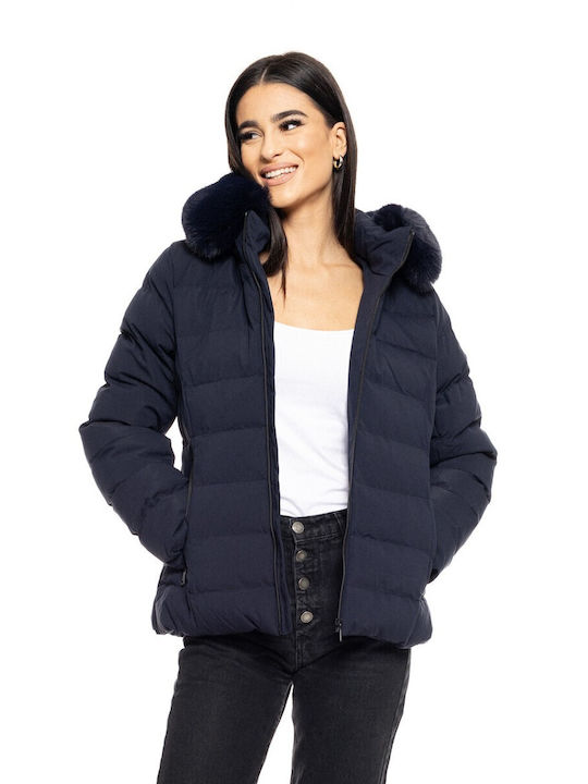 Biston Women's Short Puffer Jacket for Winter with Hood Navy Blue
