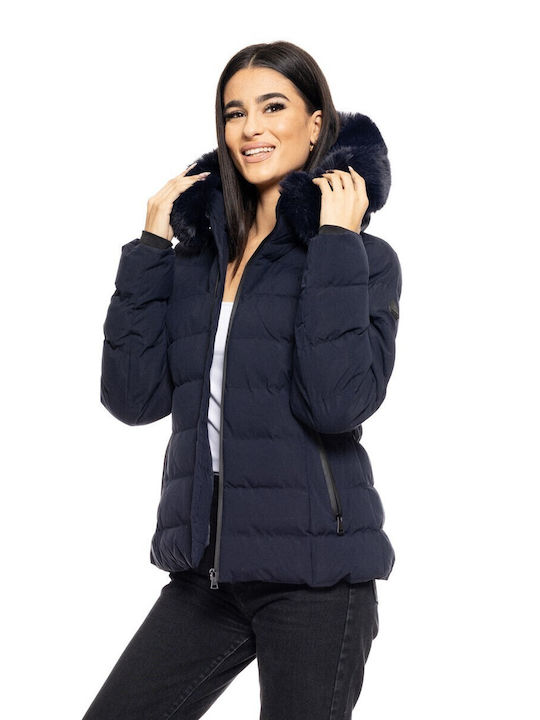 Women's Short Puffer Jacket for Winter with Hood Navy Blue