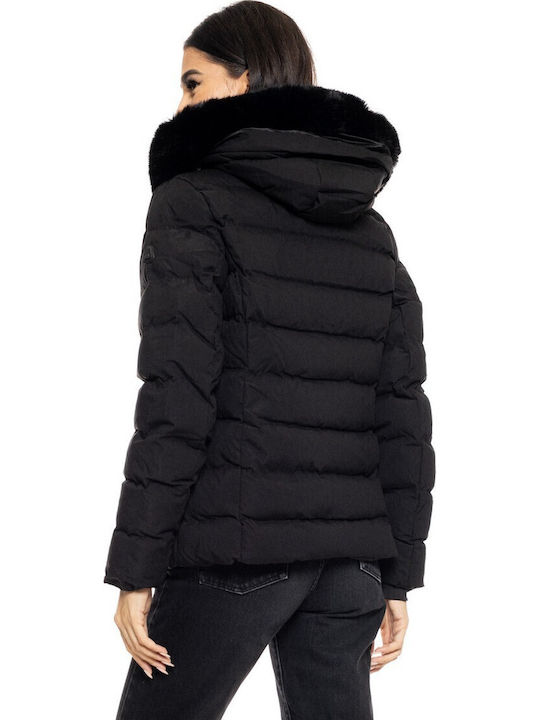 Women's Short Puffer Jacket for Winter with Hood Black