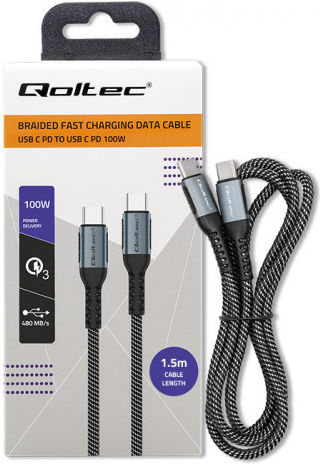Qoltec USB 3.1 Cable USB-C male - USB-C 100W Μαύρο 1.5m 52358
