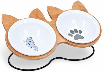 Navaris Ceramic Cat Bowl for Food & Water Brown with Stand 383ml