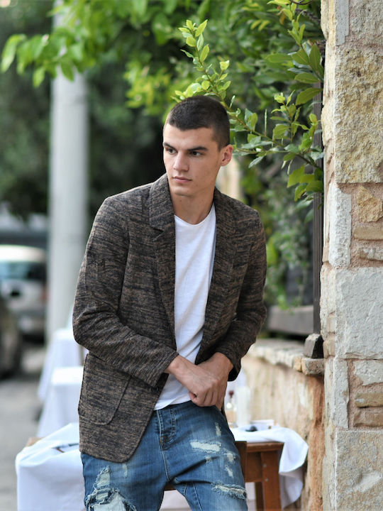 Ανδρικό Σακάκι με Στενή Εφαρμογή Καφέ