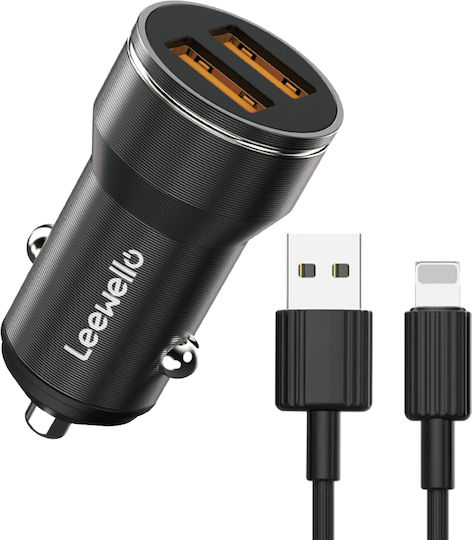 Leewello LW-143 Auto-Ladegerät 2.4A mit Anschlüssen: 2xUSB mit Kabel Blitzschlag Schwarz Farbe