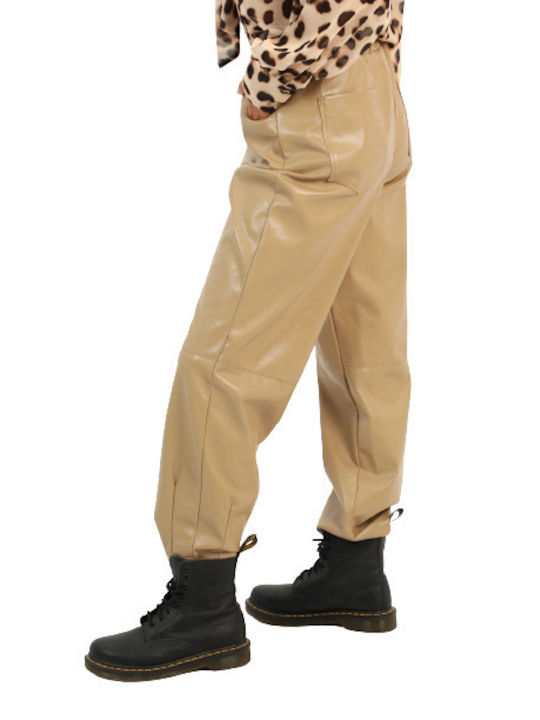 Tensione In Women's High-waisted Leather Trousers with Elastic in Paperbag Fit Beige