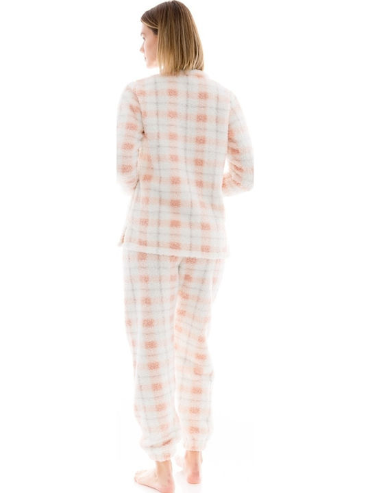 Pink Label Χειμερινό Γυναικείο Σετ Πιτζάμας Fleece Λευκό Pink Label Χειμερινό Γυναικείο Σετ Πιτζάμας Fleece Λευκό