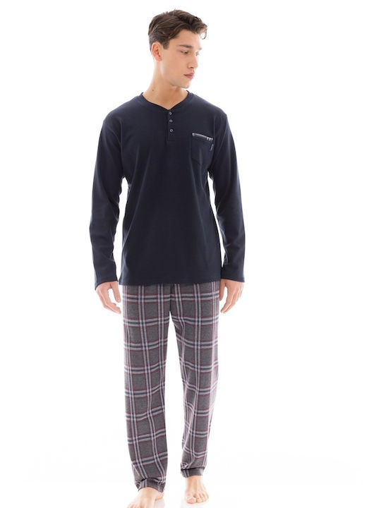 Ulisse Men's Winter Cotton Checked Pajamas Set Blue