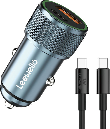 Leewello LW-141 Auto-Ladegerät 30W mit Anschlüssen: 1xUSB 1xType-C mit Kabel Typ-C,TC-TC Blau Farbe