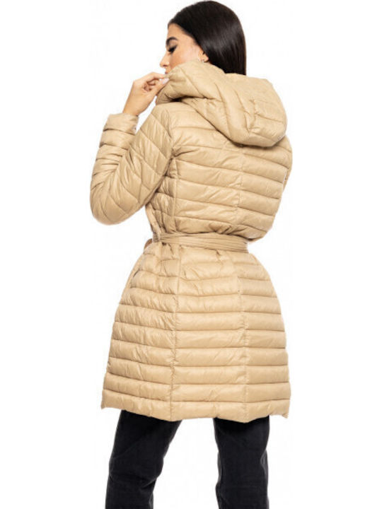 Women's Long Puffer Jacket for Winter with Hood Beige