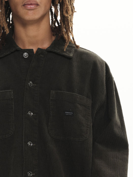Μακρυμάνικo Κοτλέ Overshirt σε Κανονική Γραμμή Λαδί