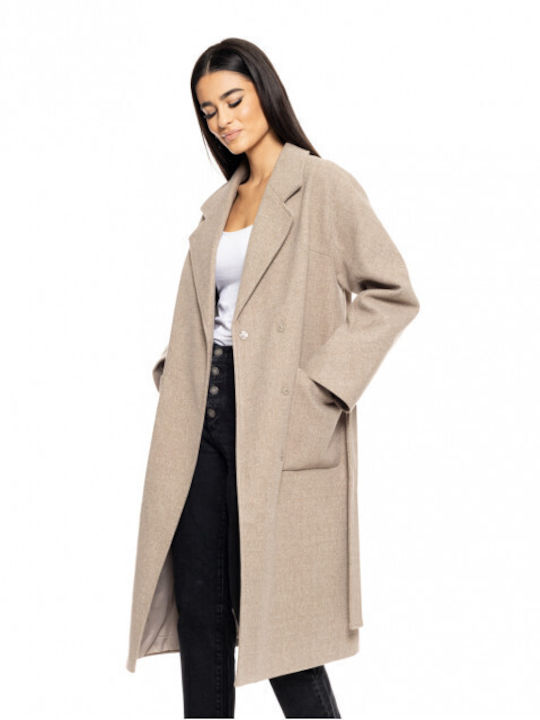 Biston Women's Long Coat with Belt Beige