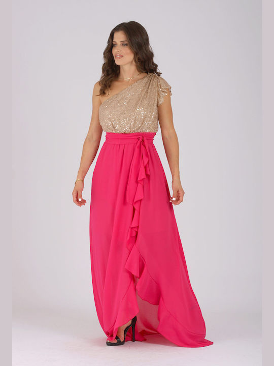 Shine 2gether Sommer Maxi Abendkleid mit Rüschen Fuchsie