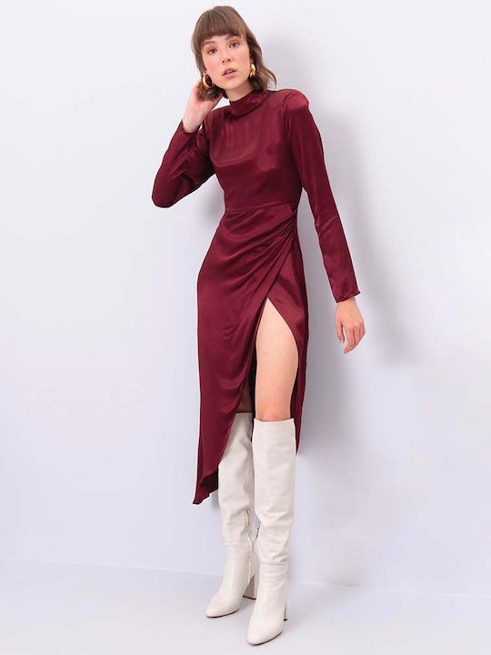 Zoe Midi Βραδινό Φόρεμα με Σκίσιμο Μπορντό