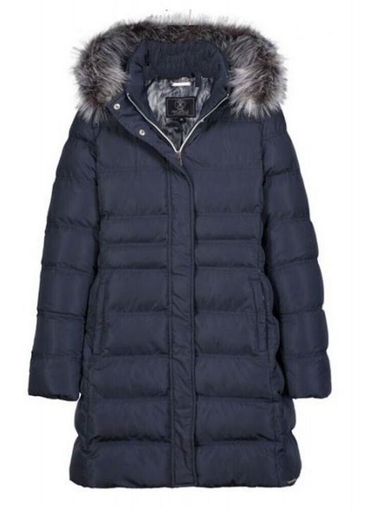 Rino&Pelle Roanna Lang Damen Puffer Jacke mit pelziger Kapuze für Winter Marineblau