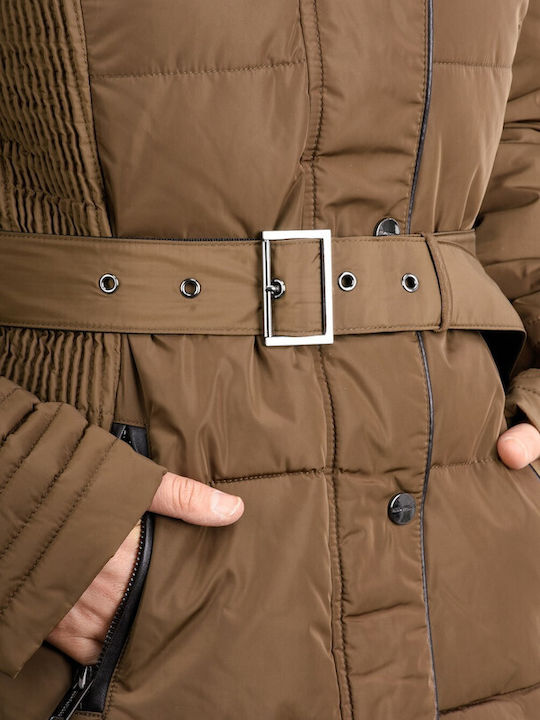 Lang Damen Puffer Jacke mit pelziger Kapuze für Winter Braun