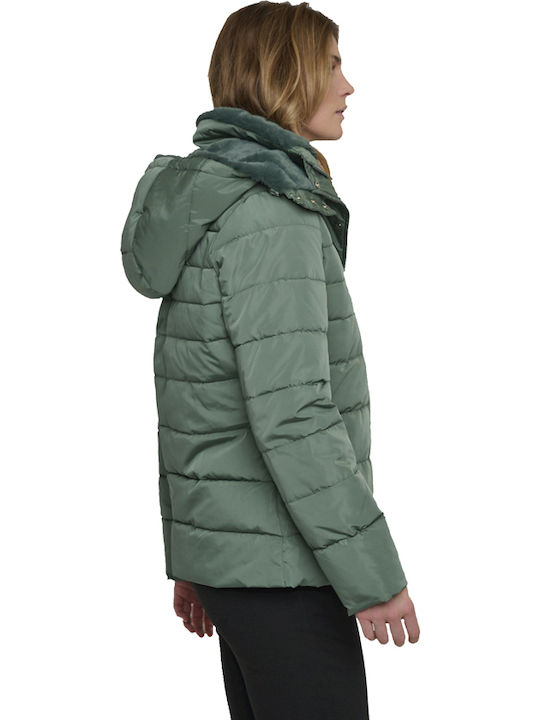 Women's Short Puffer Jacket for Winter with Detachable Hood Khaki