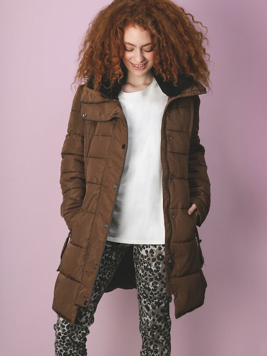 Lang Damen Puffer Jacke mit pelziger Kapuze für Winter Braun