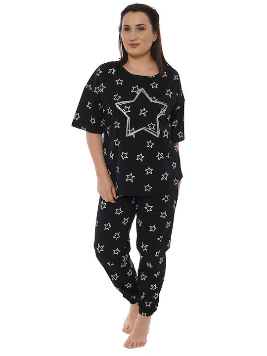 Vienetta Secret Sommer Damen Pyjama-Set Baumwolle Schwarz