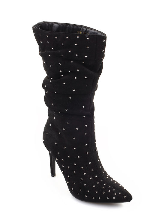 Fshoes Suede Γυναικείες Μπότες με Ψηλό Τακούνι Μαύρες
