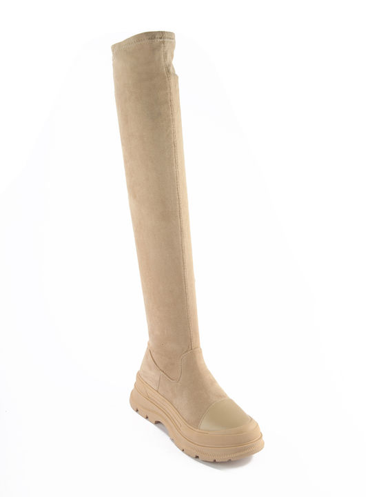 Fshoes Wildleder Damenstiefel Über dem Knie Beige