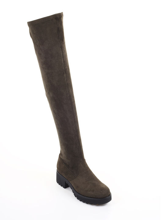 Fshoes Suede Over the Knee Medium Heel Women's Boots Fshoes Khaki