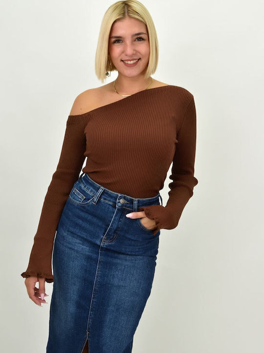 Damen Bluse Schulterfrei Langärmelig Braun