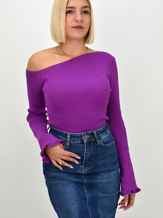 Γυναικεία Μπλούζα Off-Shoulder Μακρυμάνικη Μωβ