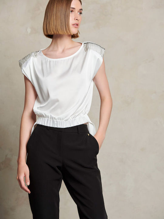 Matis Fashion Women's Summer Blouse Satin Sleeveless White
