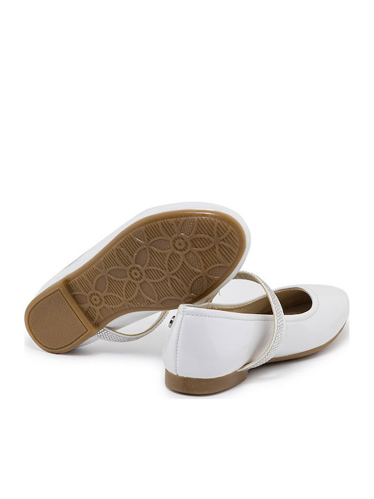 Balerini copii Anatomic cu închidere Hoop & Loop Piele lăcuită Albe