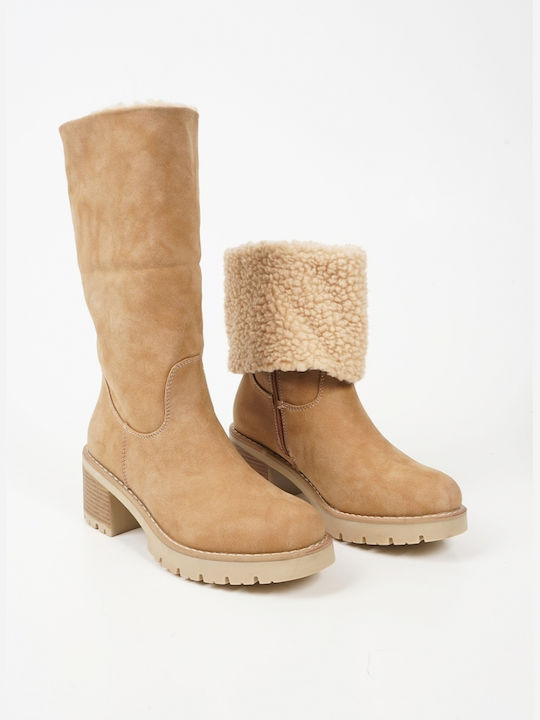 Piazza Shoes Women's Suede Boots with Fur Beige