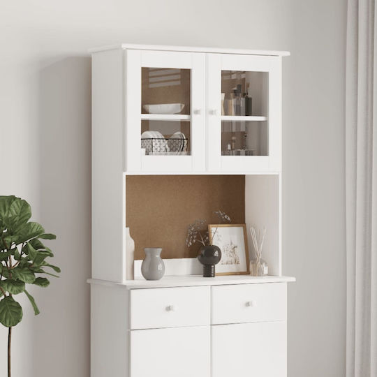 Vitrină de Sufragerie din Lemn Masiv Alb cu Geam 77x30x92cm