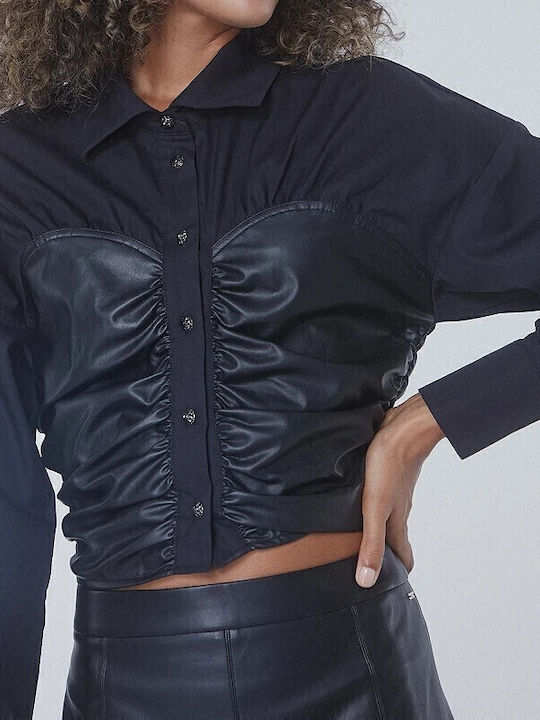 Women's Leather Long Sleeve Shirt Black