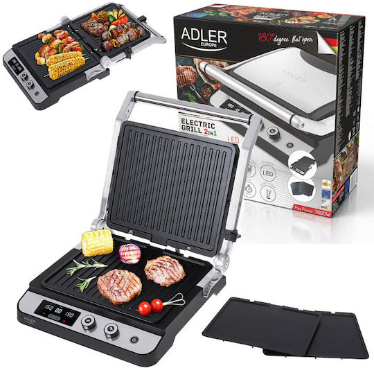 Adler Tabletop Electric Grill Smooth and Ribbed Plate 3000W with Adjustable Thermostat 29cmx26cmcm