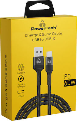 Powertech Braided USB 3.0 Cable USB-C male - USB-A 60W Μαύρο 1m (PTR-0128)